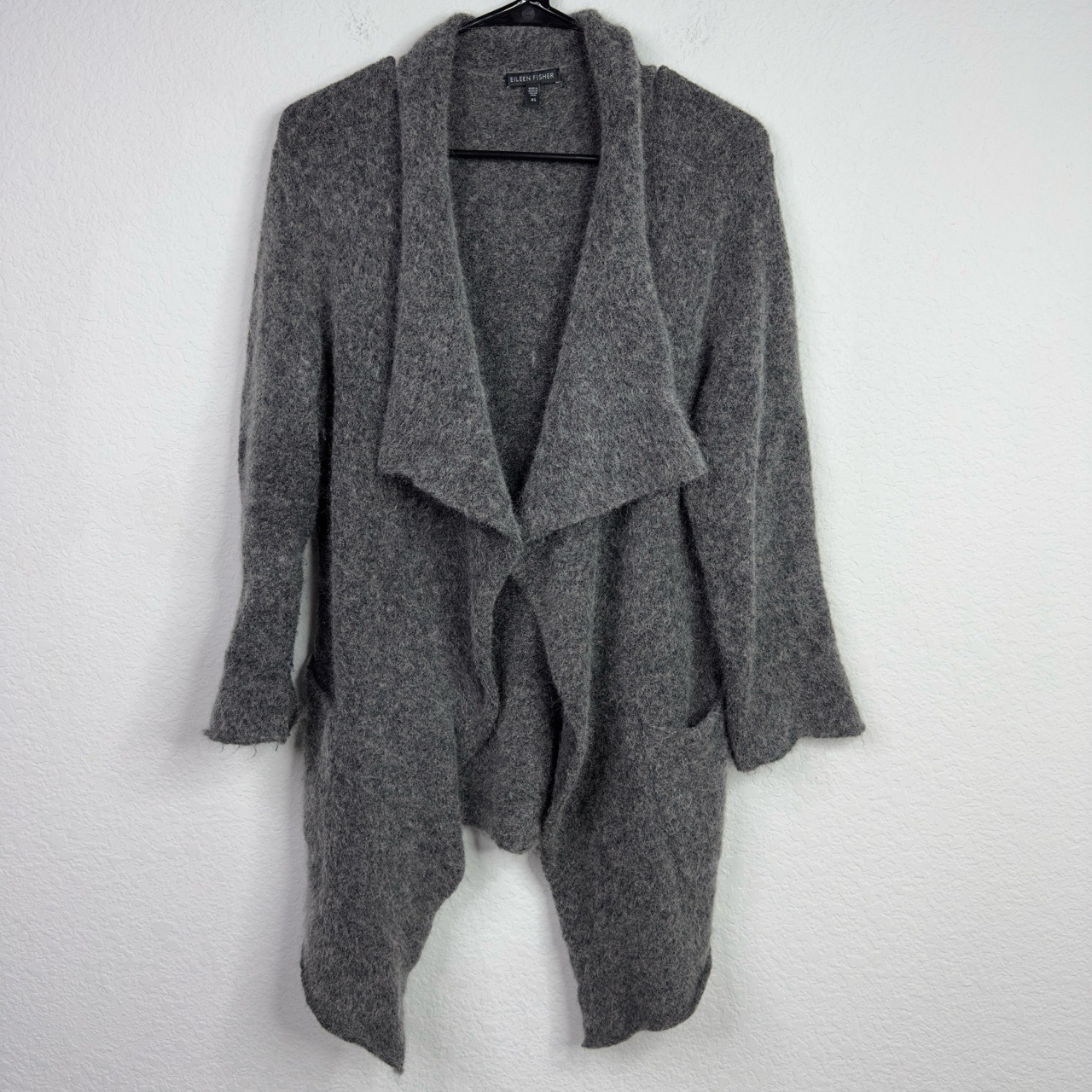 Eileen Fisher Cardigan Womens Xs Gray Superkid Mohair Knit Draped Open Front